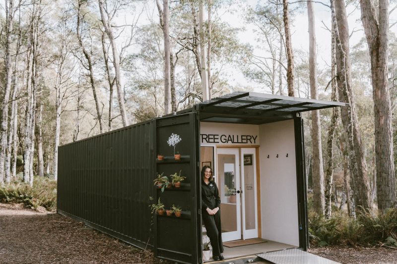 Person standing in front of a modern shipping container building with 'BLUE TREE GALLERY' on a forested background.