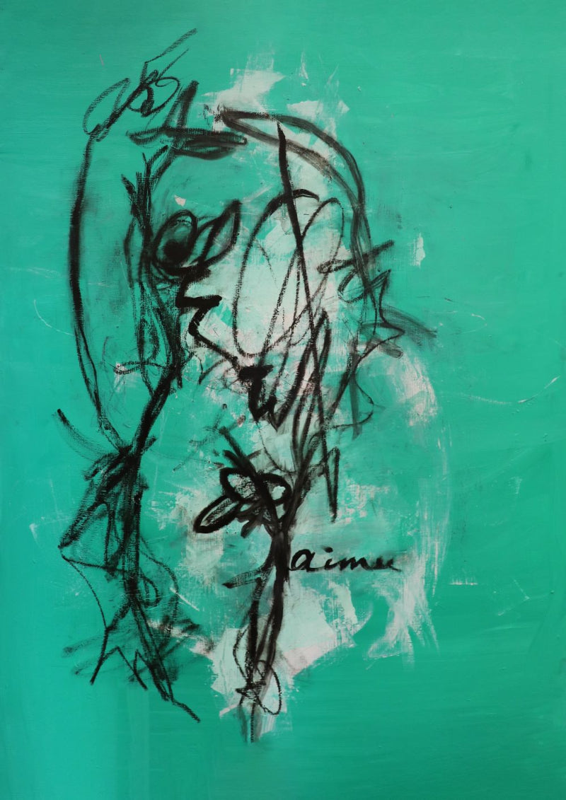 Expressive nude line drawing with layered handwritten text and scribbled face. Oil on canvas contemporary artwork exploring identity, mental health, and societal expectations. Raw and emotional visual storytelling by artist Aimee Rowland at Blue Tree Gallery.