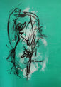 Expressive nude line drawing with layered handwritten text and scribbled face. Oil on canvas contemporary artwork exploring identity, mental health, and societal expectations. Raw and emotional visual storytelling by artist Aimee Rowland at Blue Tree Gallery.