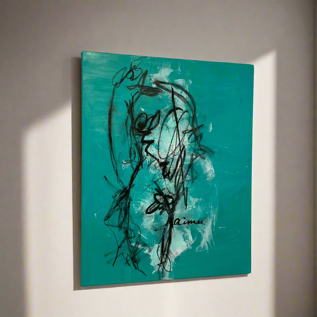 A loose line drawing of a nude figure layered with handwritten text. The figure’s face is partially obscured by overlapping lines and scribbles, creating a sense of distortion. The canvas surface holds visible brushwork and smudges, giving the piece a raw, unfinished appearance that adds to the emotional weight.