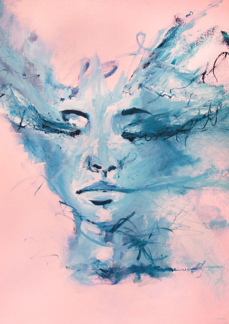 Abstract blue portrait painting on a pink background showing a serene, emotional face with closed eyes. Expressive brushstrokes and layered textures convey themes of grief, self-reflection, and healing. Contemporary artwork exploring identity and emotional recovery.