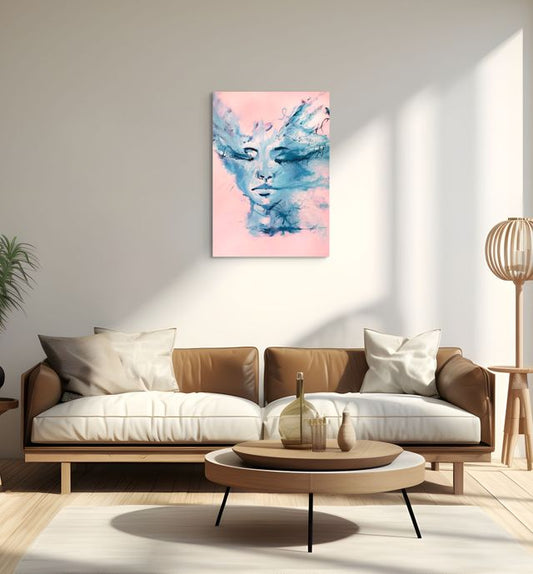 An abstract portrait painted in blue tones on a soft pink background. The figure’s eyes are closed, with smudged, expressive brushstrokes suggesting a face in quiet reflection or grief. Blue marks, scribbles, and painterly textures surround and blend into the face, giving it a ghostlike, dreamlike quality. The expression is serene but heavy, layered with emotion. Hanging on a wall of a bright and airy Scandinavian style lounge room above a brown leather couch 