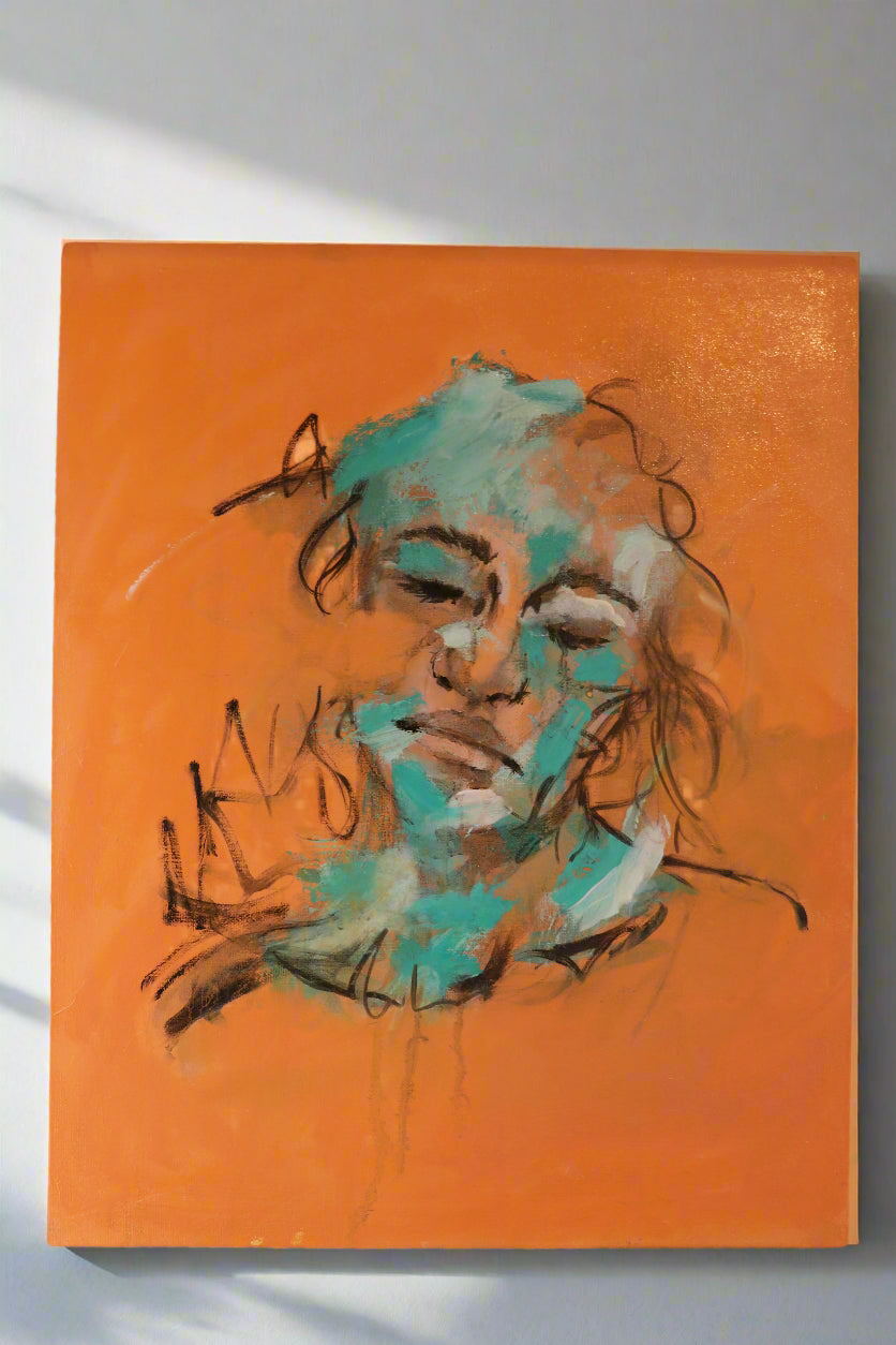 An abstract portrait in sage white and black on an orange (ish) background 