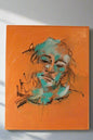 An abstract portrait in sage white and black on an orange (ish) background 